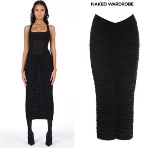 Naked Wardrobe Elegant Black Ruched Midi Hourglass Skirt. Size XS